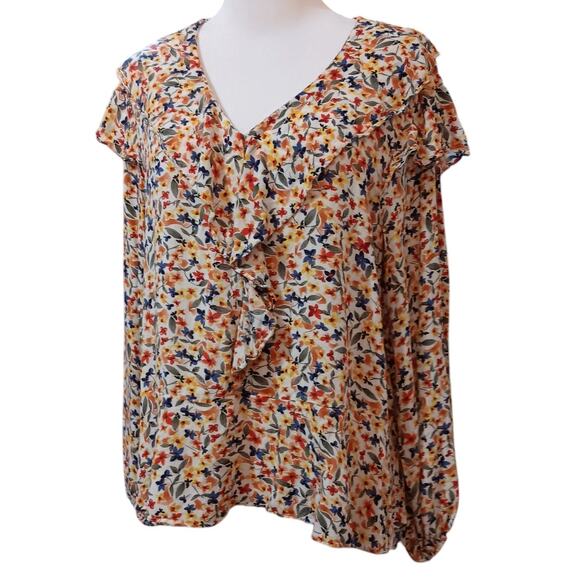 DEMOCRACY Blouse Top Shirt Size‎ XL Boho Floral Ruffled V-Neck Yellow Blue - Picture 3 of 10